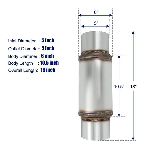 Exhaust Resonator 5" Inlet 5" Outlet High Performance Muffler 18" inch Overall Stainless steel Straight by BLACKHORSE-RACING - Image 4