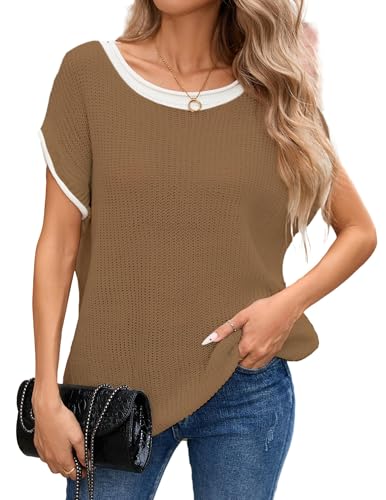 Image of Libsorge Womens Oversized Lightweight Cute Striped Sweater Vest Spring 2025 Crewneck Hollow Out Thin Cap Sleeve Knit Top
