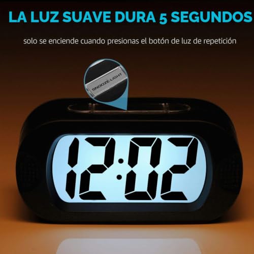 Miniatura 4 de Plumeet Reloj Despertador Digital LCD Viaje, con Gran Pantalla, fácil de configurar, con Snooze y luz de Noche, Alarma con Sonido Ascendente y portátil, el Regalo Ideal para niños (Negro)