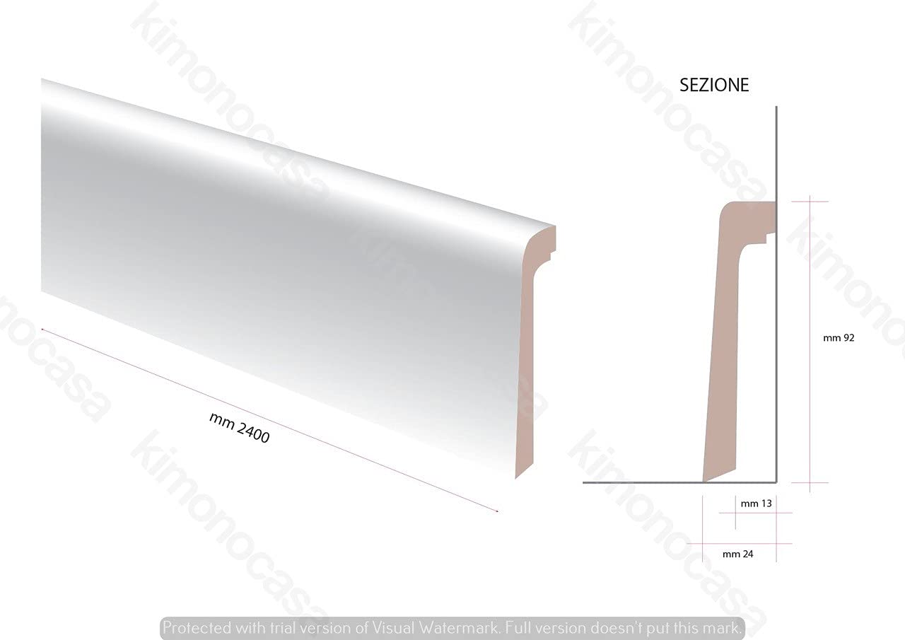 Battiscopa Coprimarmo in MDF, Bianco Vernicibile, H9.2 cm, Scatola da 5 Pz Tot. 12m lineari