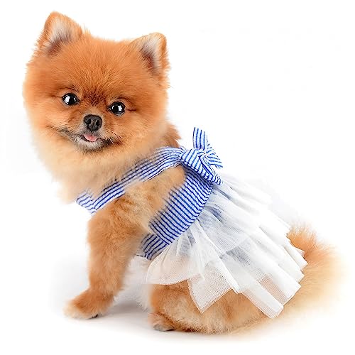 PAIDEFUL Small Dog Dress Striped Denim Organza Bow Beads Tutu Skirt Summer Soft Comfortable Breathable Puppy Clothes Sleeveless Button Kitten Apparel - Image 4