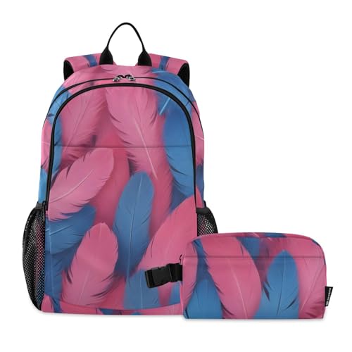 Travel Backpack Lunch Bag Set for Hiking Picnic, Backpacks with Insulated Lunch Box Red Blue Feathers Print