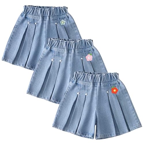 Girls Denim Pleated Skirt Shorts Summer Cute Flower Embroidery Jeans Kids Casual Ruffle High Waisted Dress Shorts Outfit