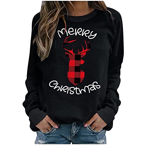 Amikadom Moletom feminino casual outono inverno feriado Natal manga longa gola redonda moletom gráfi