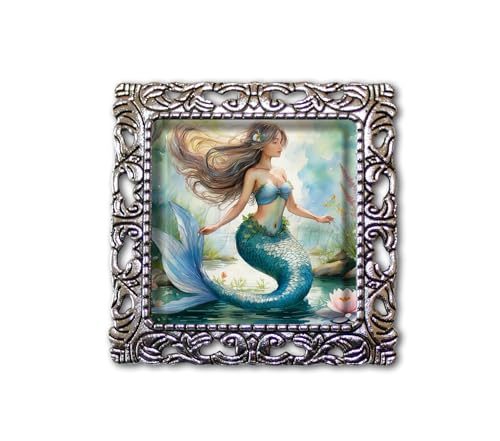 Beautiful Mystical Mermaid Handmade Square Glass Baroque Style BROOCH or Pin Jewelry (Antique Silver Tone)