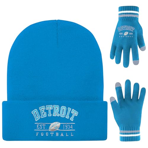 Winter Embroidered Soft Beanie Football Knit Hat With Warm Touch Screen Gloves - Game Day Gifts For Men Women And Fans