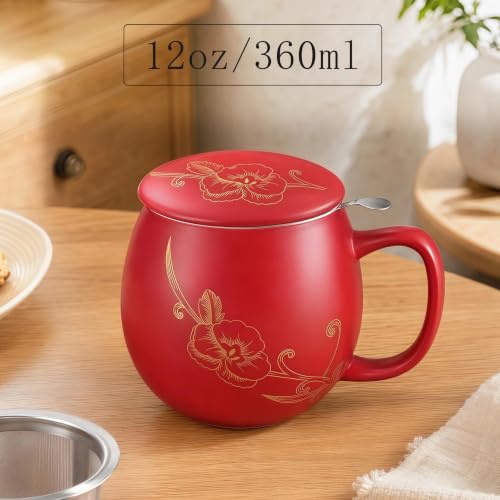 Image of Yundu 12 OZ Ceramic Mug with Lid & Tea Strainer - Matte Red Tea Cup with Golden Flower, Stainless Steel Infuser for Loose Leaf Tea