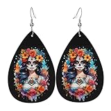 Sugar Skull Black Leather Drop Earrings For Women, Double-sided Teardrop Earring, Leaf Dangle Earrings, Art Earrings Jewelry For Beach Party Gift