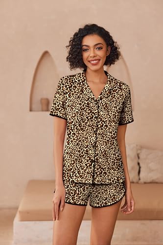 Image of Ekouaer Pajamas for Women Set Button Up Sleepwear 2 Piece Pjs Lounge Set Short Sleeve Nightwear