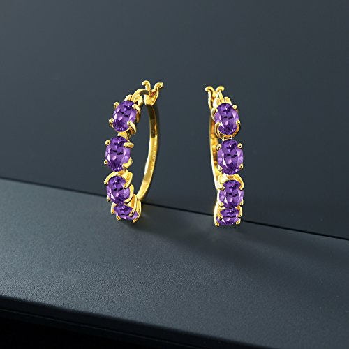 Gem Stone King 18K Yellow Gold Plated Silver Purple Amethyst Hoop Earrings For Women (2.80 Cttw, Gemstone Birthstone, Oval 6X4Mm) #TOP3