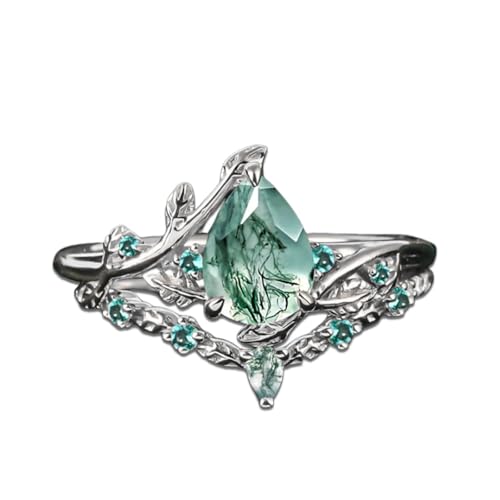 DONGHU 2CT Natural Moss Agate Ring Set 925 Sterling Silver Pear Shape Moss Rings Inspired Leaf Moss Agate Engagement Wedding Bridal Ring Sets for Women Size 10