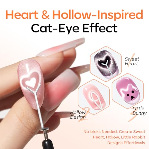 Image of modelones Cat Eye Magnet, 10PCS Cateye Magnet for Nails Cat Eye Gel Nail Polish Tools Heart Hole Square Powerful 3-in-1 Dual Head Magnetic Wand Heart French Floral Effect Salon DIY Use Gift