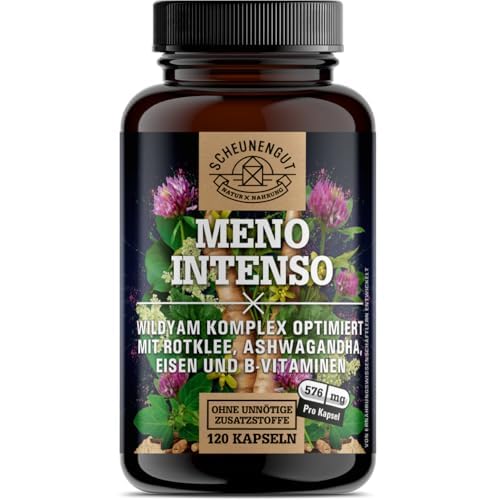 MENO INTENSO® Yamswurzel -WICHTIG: Wechseljahre Kapseln mit Yamswurzel hochdosiert, Rotklee, Ashwagandha, Rhabarber, Eisen, Vitamin B9+B12 -Meno Komplex- 120Stk DE SCHEUNENGUT®