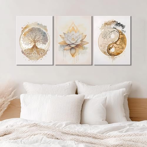 tgguytiy Tree of Life Canvas Wall Art Set of 3 Lotus Zen Painting Picture Wall Decor Abstract Yin Yang Fall Art Poster Print Artwork for Living Room Yoga Room Hotel Bedroom Home Decor16x24in Framed by tgguytiy - Used condition - Image 7
