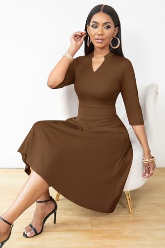 Image of Nmoder Casual Dresses for Women Semi Formal Fit and Flare 3 /4 Sleeve A-line Church Work Dress with Pockets