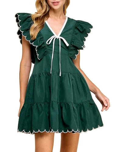 HOULENGS Women's Summer Ruffle Sleeve Babydoll Mini Dress Casual V Neck Tie Front Flowy Tiered Short Dress with Pockets