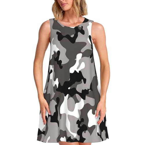 Robe d'été décontractée sans manches camouflage gris et blanc pour femmes