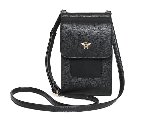 Alice Wheeler Mini Bloomsbury Crossbody Phone Bag – Vegan Leather – Magnetic Closure – Adjustable Strap – Bee Detail – 21 x 12 x 2.5 cm – Black