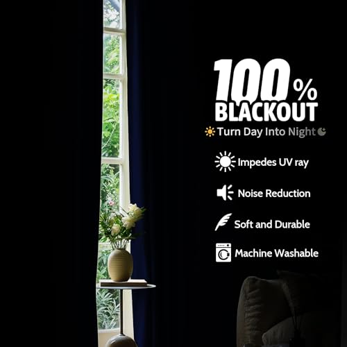 Image of COSVIYA Navy Blue 100% Blackout Curtains for Bedroom with White Back | 2 Thick Layers Full Room Darkening Thermal Insulated Curtain,Grommet Window Drapes for Living Room, 52x84 Inch, 2 Panels