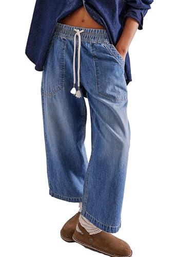 Women Barrel Jeans Casual Wide Leg Baggy Elastic Mid Rise Boyfriend Y2k Loose Denim Pants with Drawstring2