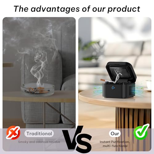 Image of Smokeless Ashtray, Multifunctional Smoke Ashtray with USB Rechargeable, HEPA Filter Smoke for Home,Office(Black)