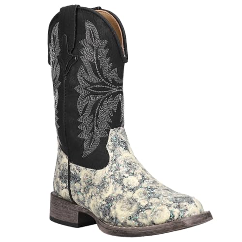 ROPER Kids Girls Claire Floral Square Toe Casual Boots Mid Calf - Black, Off White2