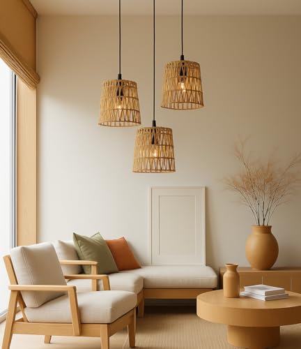 Image of Ikari Homes Rattan Chandelier 3 in1 Pendant Light, Natural Beige, Boho Style, E27 Base, Chandelier for living Room I Dining I Bedroom I Balcony I Adjustable Wire - (Bulbs not included) (Taper Zig Zag)