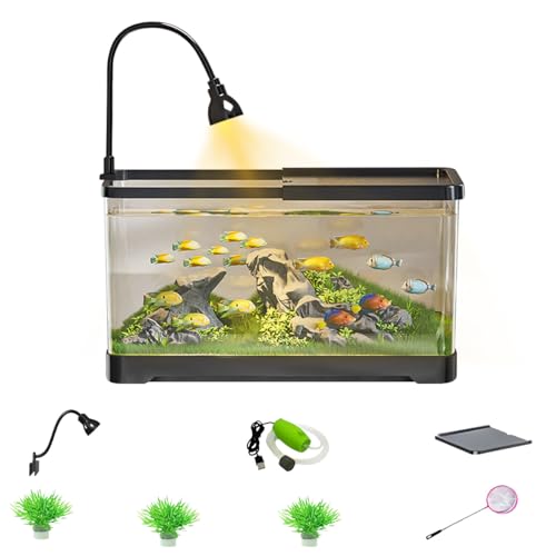 Fish Aquarium Tank Ultra Clear Fish Bowls with Oxygen Pump Lamp Cover Turtle Tank Tortoise Aquarium Reptile Habitat Terrariums Betta Goldfish Tanks for Crayfish Shrimp Small Amphibious Creatures