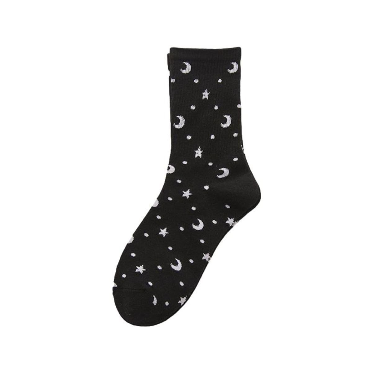 Ro Rox Moon Star Cat Socks Wicca Gothic Celestial Ribbed Cotton Stretch Unisex, Black, One Size