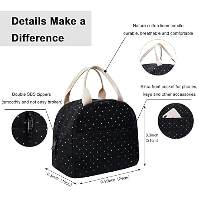 EurCross Upgraded Compact Black Lunch Bag for Girls Women,Canvas Reusable Insulated Polka Dot Lunch Tote Box Bag for Work School