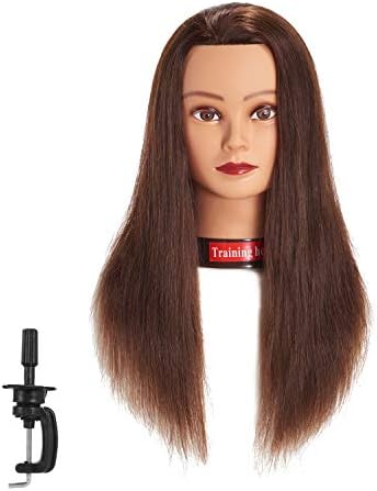 Traininghead 20-22" Female 100% Human Hair Mannequin Head Hair Styling Training Head Cosmetology Manikin Head Doll Head for Hairdresser with Free Clamp (brown)（14-16'' ）