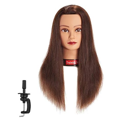 Traininghead 20-22" Female 100% Human Hair Mannequin Head Hair Styling Training Head Cosmetology Manikin Head Doll Head for Hairdresser with Free Clamp (brown)（14-16'' ） Cover