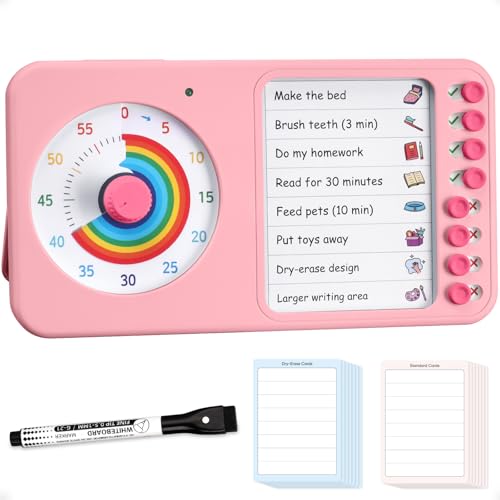 Image of 2-in-1 Visual Timer with Task Board for ADHD & Autism, Dry Erase Chore Chart and Visual Schedule for Kids & Adults, Rainbow Countdown Timer for Classroom, Home, Homeschool (Pink)