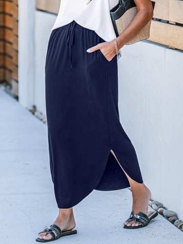 CUPSHE Midi Skirts for Women Elastic Waist Drawstring Long Flowy Skirt Casual Side Slits Skirts with Pockets Vacation Outfits2