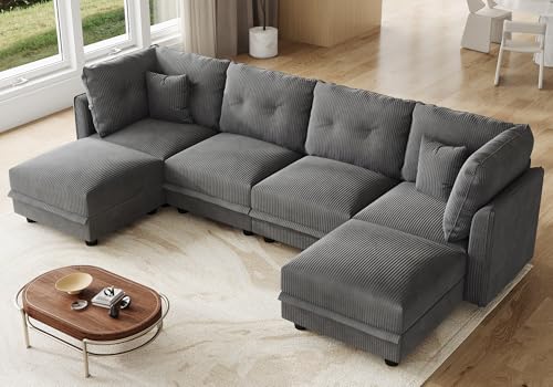 Image of LLappuil 112 inch Modular Sectional Sofa with Storage, U Shaped 6-Seat Corduroy Couch with 6 Throw Pillows, Convertible Sofa Set for Living Room & Apartment, Skin-Friendly & Soft, Grey