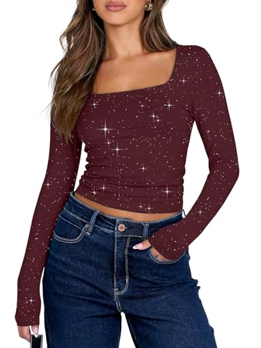 YUTILA Camiseta de manga larga con purpurina para mujer, cuello cuadrado, corte ajustado, camiseta elástica para fiestas, rojo, M