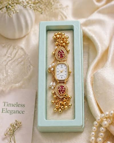 Image of Kashmiri Watch for Women, Gold-Plated, Crystal Studded Ethnic Bracelet with Pearl Charms