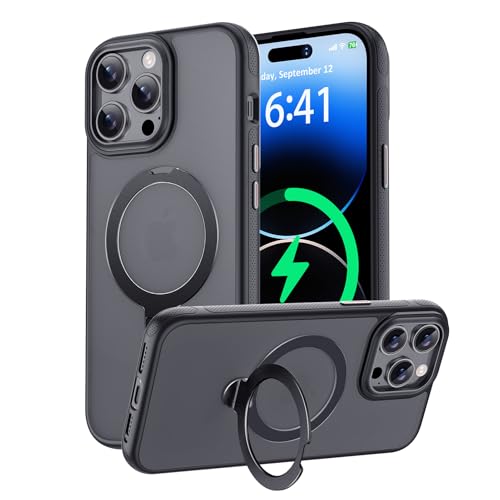 KISECASE iPhone 14 pro 用 ケース Magsafe対応 ワイヤレス充電 磁気リング マグネット搭載 定点360度回転スタンド ボタン保護 ホコリ防止 耐衝撃 耐久性 黄ばみ防 滑り止め 落下保護 傷防止 携帯ケース リング アイフォン14 pro 用 カバー ストラップホール付き (半透明＋ブラック, iPhone 14 Pro 用)