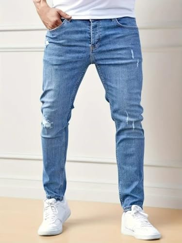 Jeans Pants Trousers Denim Street Trendy Slim Fit Elastic Water Washed Grinding White Personalized Small Leg for Men4