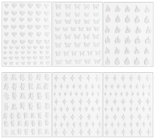 Toofd 6 Sheets Glitter Heart Flame Butterfly Nail Stickers,3D Self-Adhesive Sparkle Bear Star Butterfly Nail Decals For Nail Art,Diy Valentine Nail Art Supplies Nail Decorations #TOP6