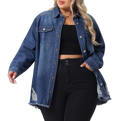 Agnes Orinda Women's Plus Size Denim Shirts Casual Long Sleeve Button Down Long Distressed Denim Jacket