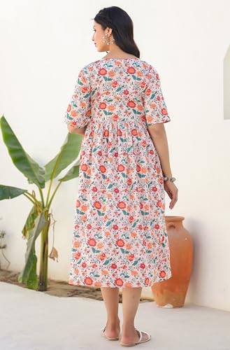 Janasya Robe de maternité couleur pêche pour femme en pur coton, imprimé floral, coupe ajustée et évasée, pêche, 44 – vue 4
