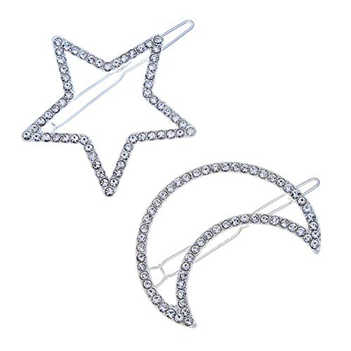 Teppylony ZB00021S-YSXXXYLFJ-2PCS 2 Pcs Silver Rhinestone Crystal Geometric Stars Moon Hair Clip Fashion Woman Hollow Side Clip Barrettes Hairpin Hair Accessories cover