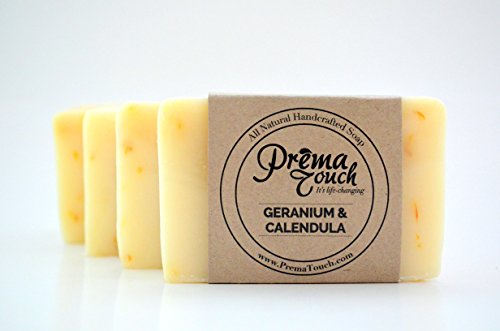 PremaTouch COCONUT OIL Soap Bars with GERANIUM Essential Oil & CALENDULA Flowers - Life Changing, All Natural, Handmade Soap. SLS and Paraben Free. Great for Eczema. (Geranium & Calendula 4 Pack)