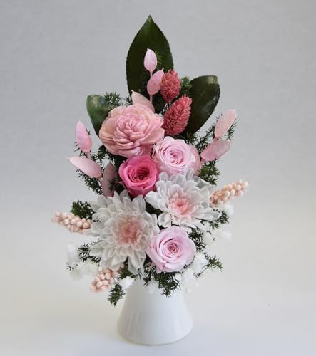 仏花 プリザーブドフラワー 花器付 菊 バラ お供え 仏壇 対制作可 ピンク 花器白 高さ20cm 愛彩祭