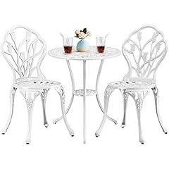 Yaheetech Set di Tavolo e Sedie da Giardino Set Mobili 2 Sedie 3 Pezzi Bistrò Veranda Balcone Motivo a Tulipano Lega di Alluminio Bianco