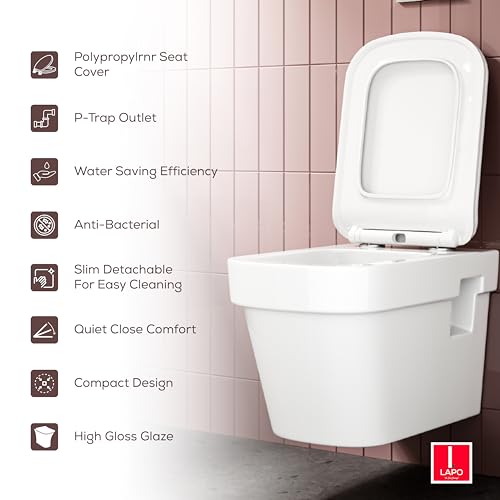 Image of LAPO P Trap Wall Hung Toilete, Ceramic Rimless Commode Toilet, Wall Hung Western Toilet With Soft Closing Toilete Seat (White, 19X14X14 Inch)-JHN