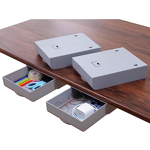 LuluEasy 4 Pack Under Desk Drawer Self-Adhesive Desktop Storage Organizer, Hidden Attachable Slide Out Desk Drawer, Under Table Tray for Pencil Pen Stationery Office Organization, Gray