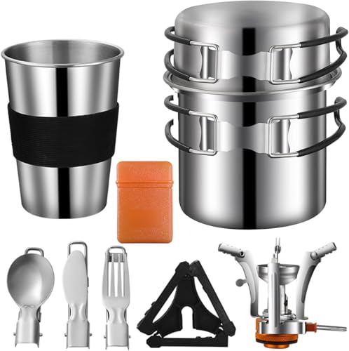 Camping Kochgeschirr Mess Kit, Edelstahl Camping Kochset, Backpacking Kochen Set Backpacking Ausrüstung mit Mini Herd für Camping, Backpacking, Picknick, Wandern