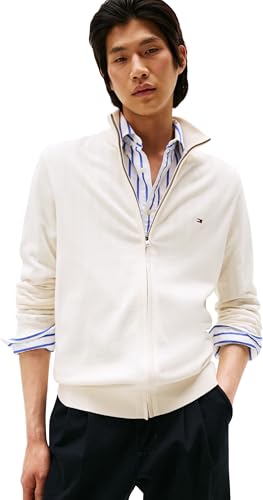 Tommy Hilfiger Herren Pullover mit Reißverschluss Essential Cotton Zip Thru Stehkragen, Elfenbein (Ivory Petal), L